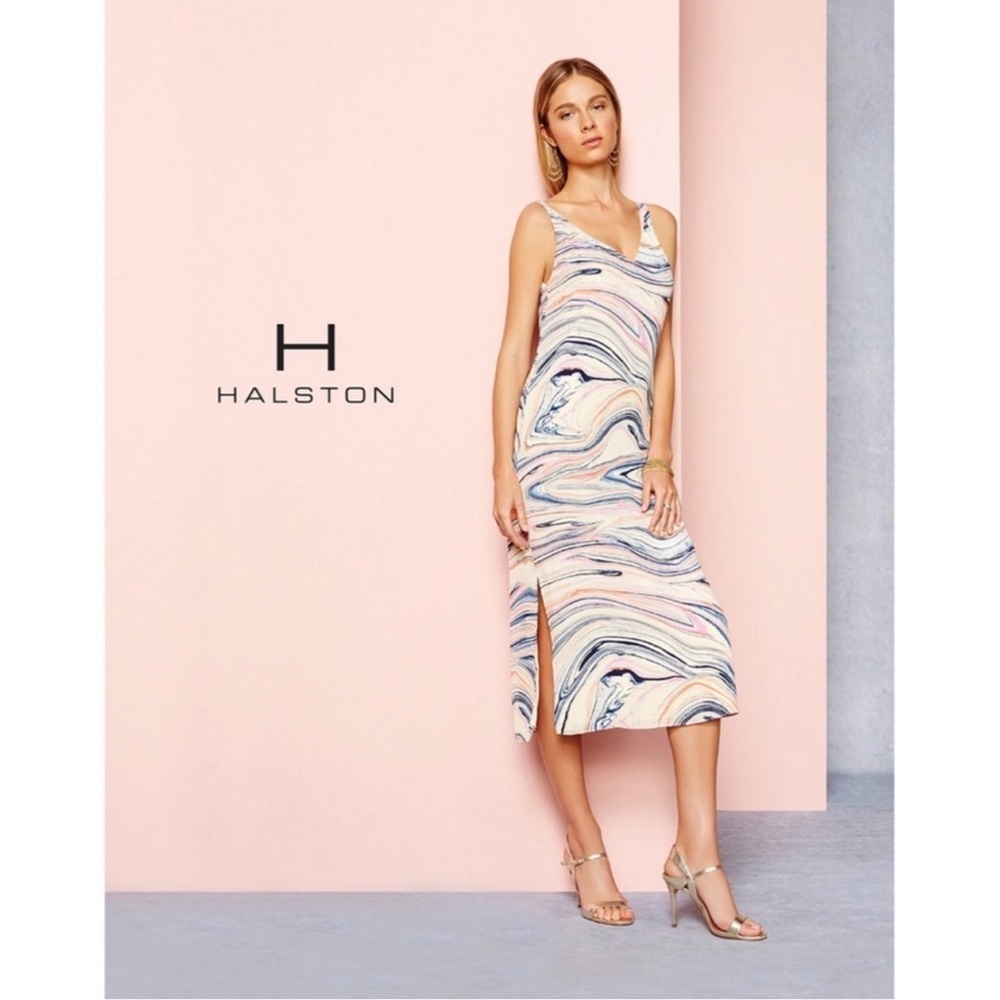 H Halston XL Marble Print Midi shift Dress V Neck